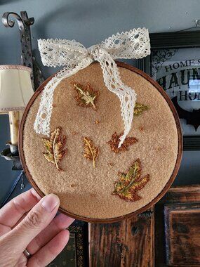 Embroidered Hoop Art, Autumn Leaves on Felt, 6" Stained Brown Wooden Frame, "Fal